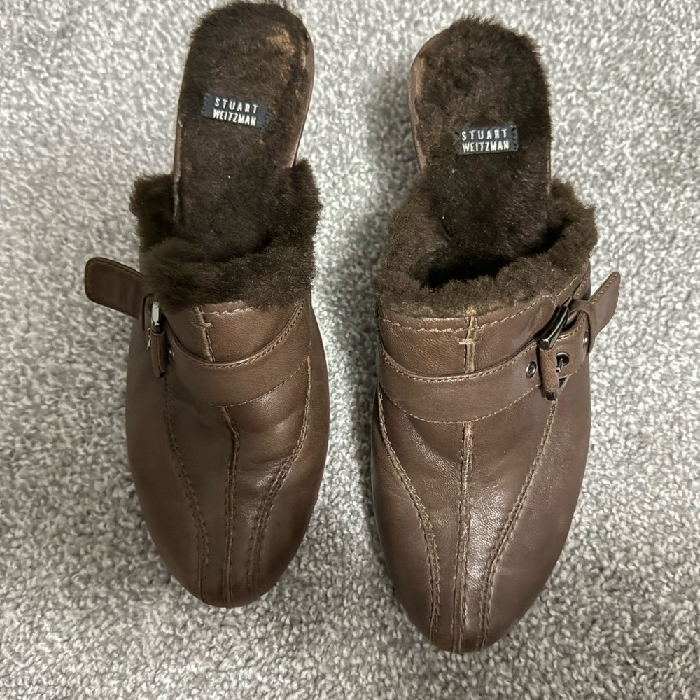 Stuart Weitzman Heeled Brown Leather Studded Mules Clogs & Shearling Size 8